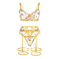 Subblime - 954352 Soutien-Gorge + String + Porte-Jarretelles Motif Floral Jaune L/Xl